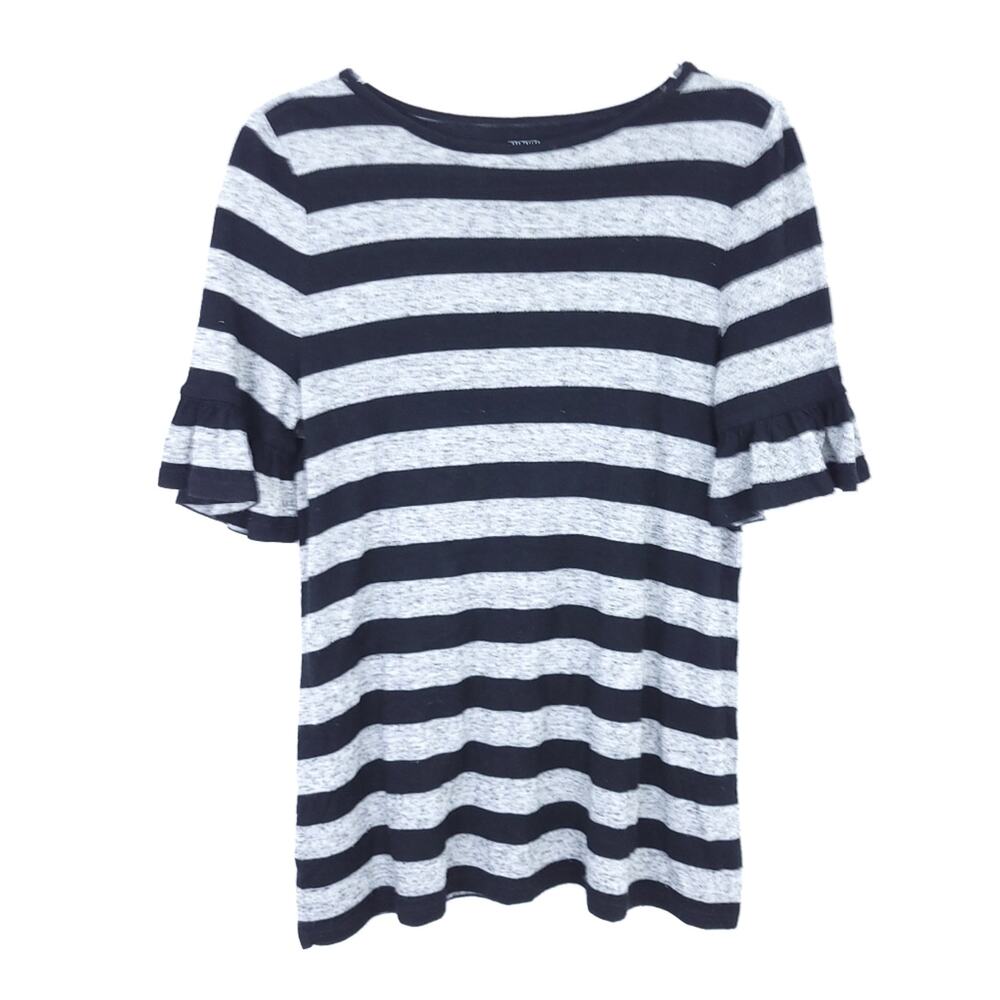Loft Stripe Casual Shirt Medium Linen Blend Black Gray, Short Ruffle Sleeve